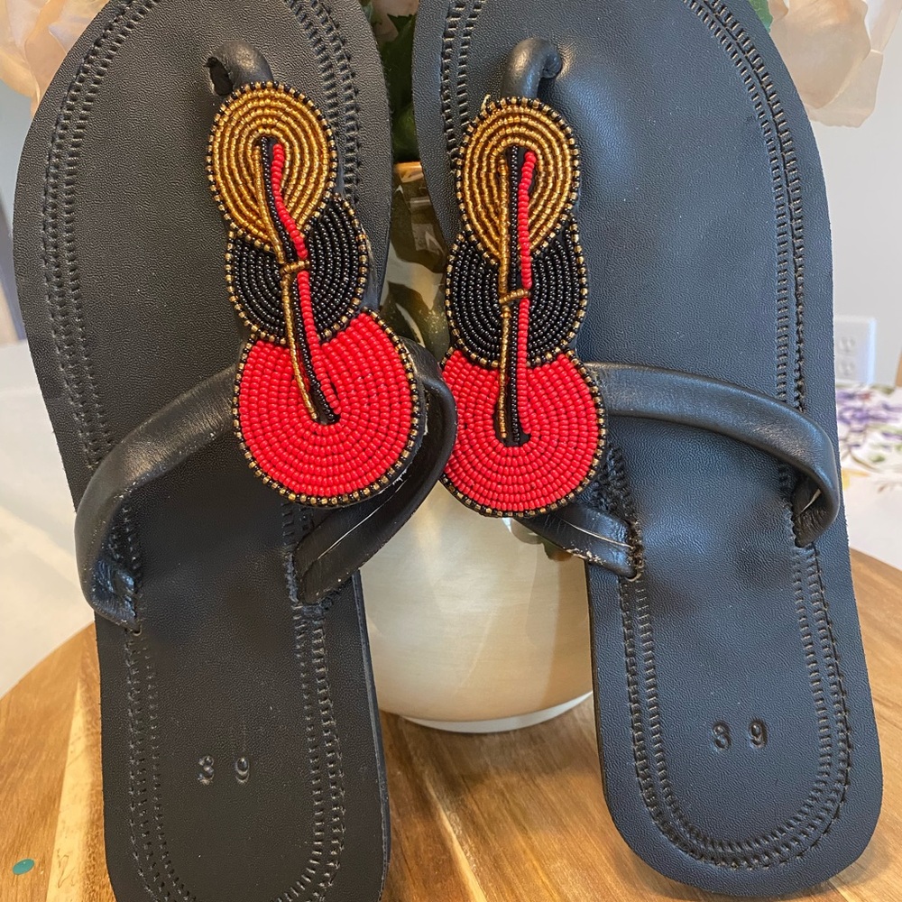 Red and Black Ethnic Sandals with Beaded beads